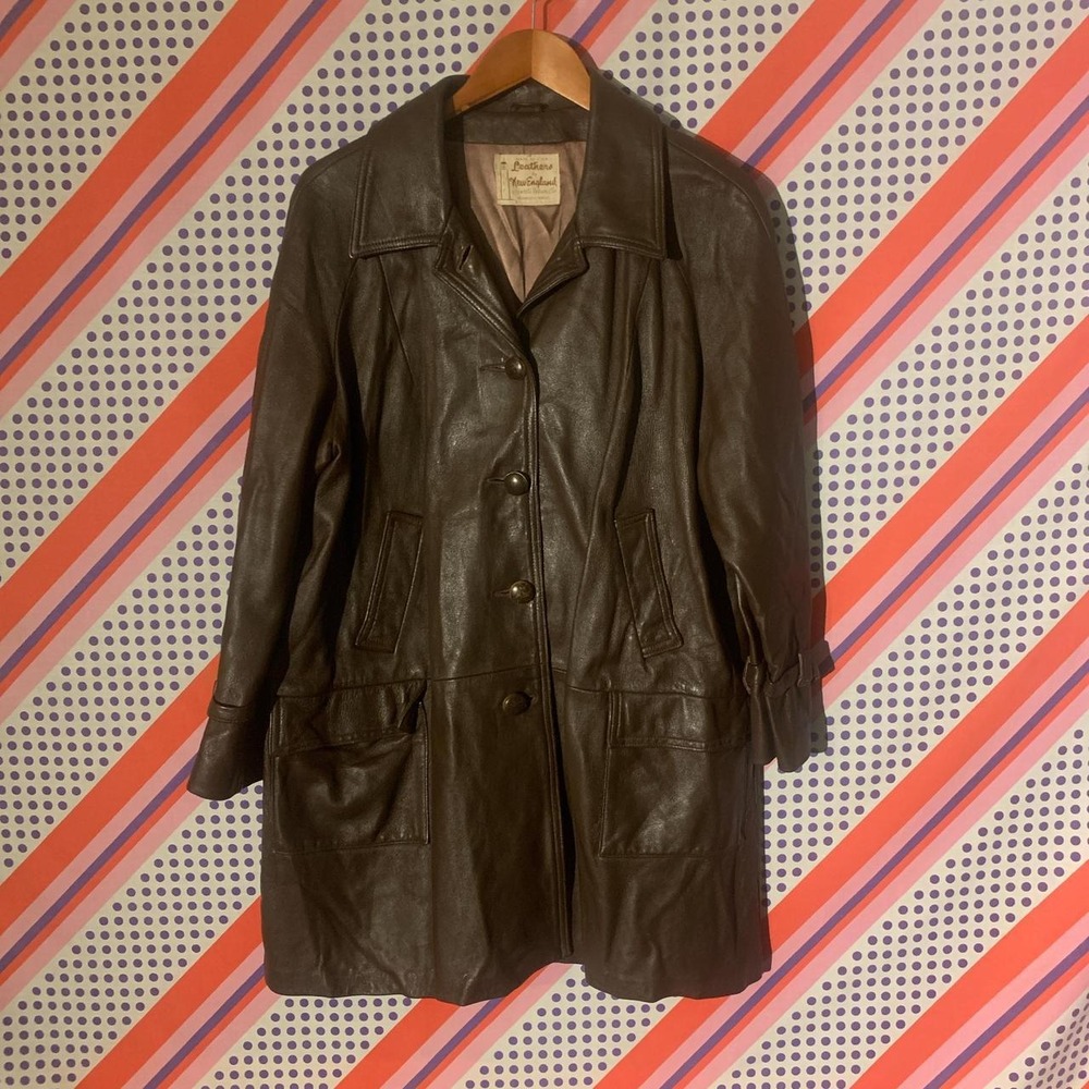 Leathers by New England Vintage 1950s Brown Leather Trench Coat XL